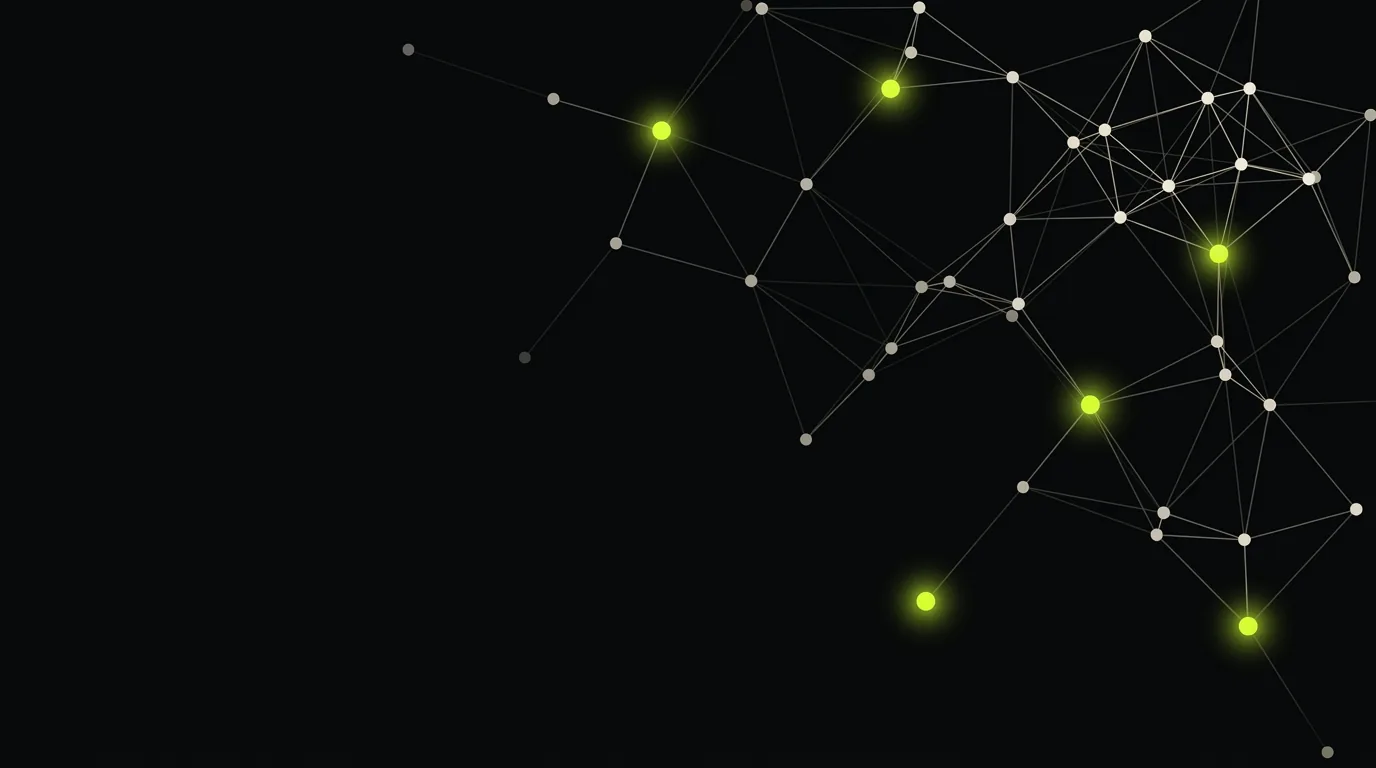 Dark network mesh with glowing lime nodes representing active AI agents