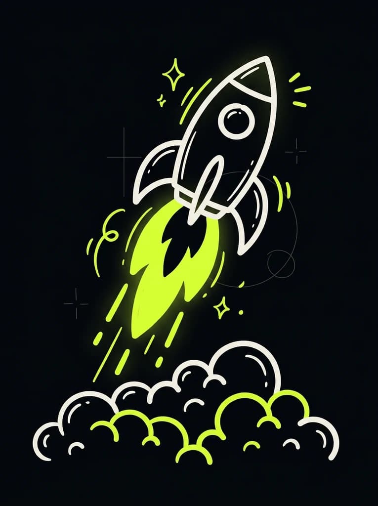 Doodle rocket lifting off on a lime flame from billowing launch clouds