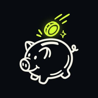 Doodle of a piggy bank catching a lime coin — fair, transparent pricing